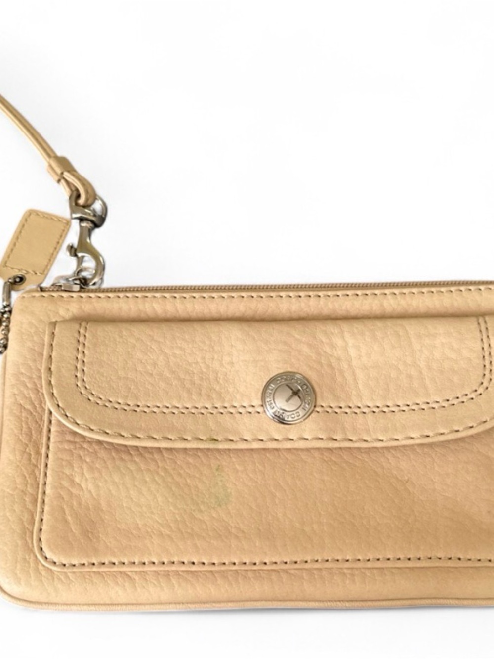 Coach Beige Pebble Leather Wristlet Clutch